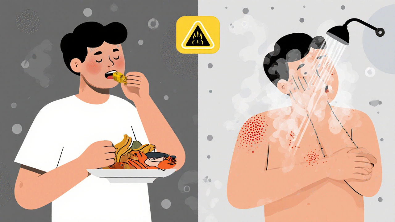 Scène divisée montrant des déclencheurs d&#039;urticaire : aliments et douche chaude.