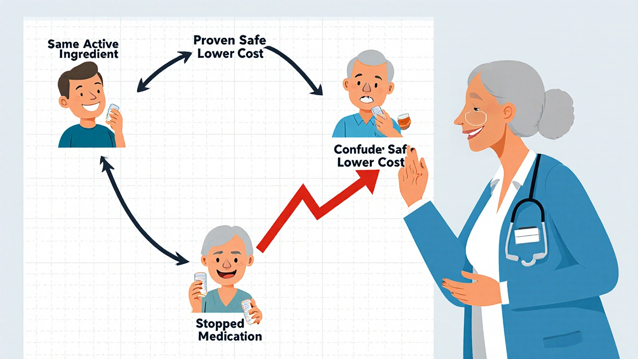 Schéma illustré expliquant pourquoi les génériques sont sûrs et efficaces, avec un patient heureux à la fin.
