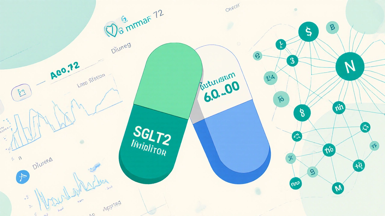 Tableau de bord numérique affichant des valeurs sanguines et une pilule combinée pour l&#039;insuffisance cardiaque.