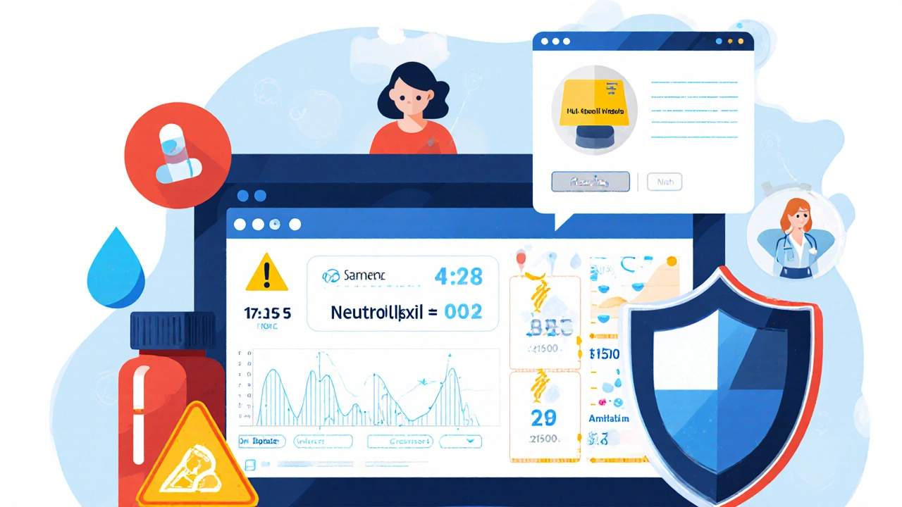 Tableau médical numérique affichant un alerte génétique et une notification en temps réel pour prévenir l&#039;agranulocytose.
