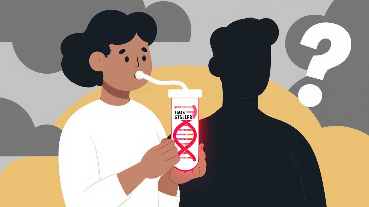 Test salivaire génétique révélant un risque de manie, avec un médecin en arrière-plan.