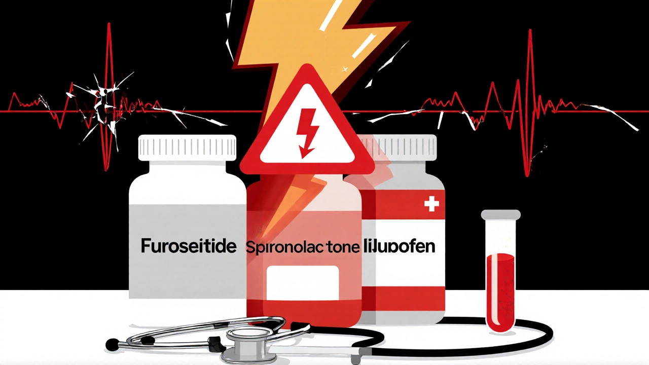 Trois médicaments sur un comptoir de pharmacie avec un triangle d&#039;avertissement rouge indiquant un risque d&#039;hyperkaliémie.