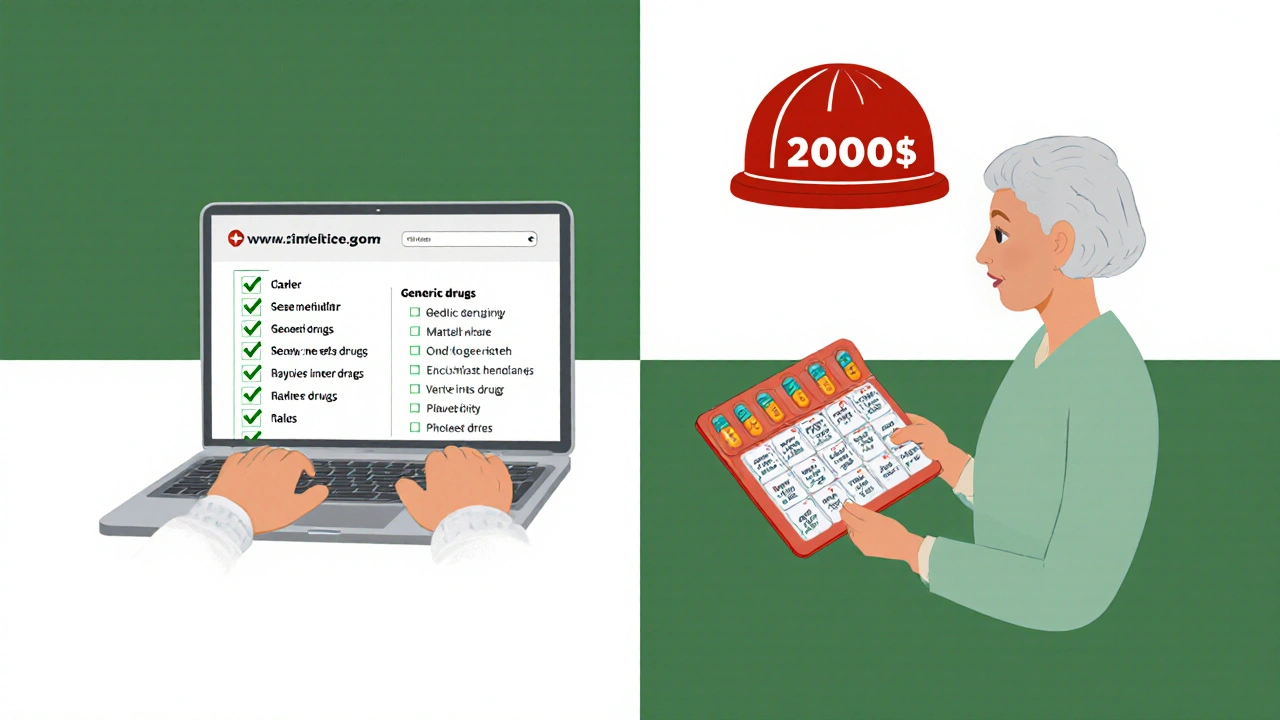 Une personne âgée compare des plans de santé en ligne, avec un organisateur de pilules et un plafond de 2000 $ au-dessus d&#039;elle.