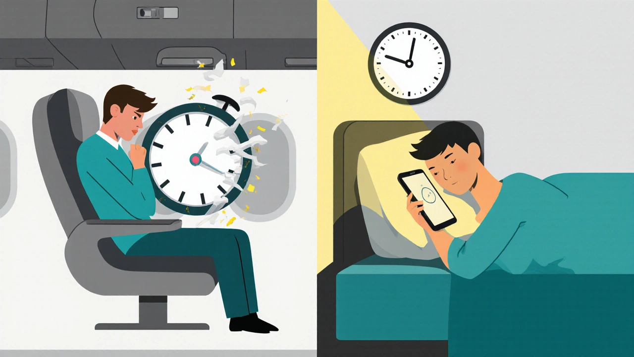 Voyageur épuisé dans un avion et jeune adulte éveillé à 3 heures du matin.