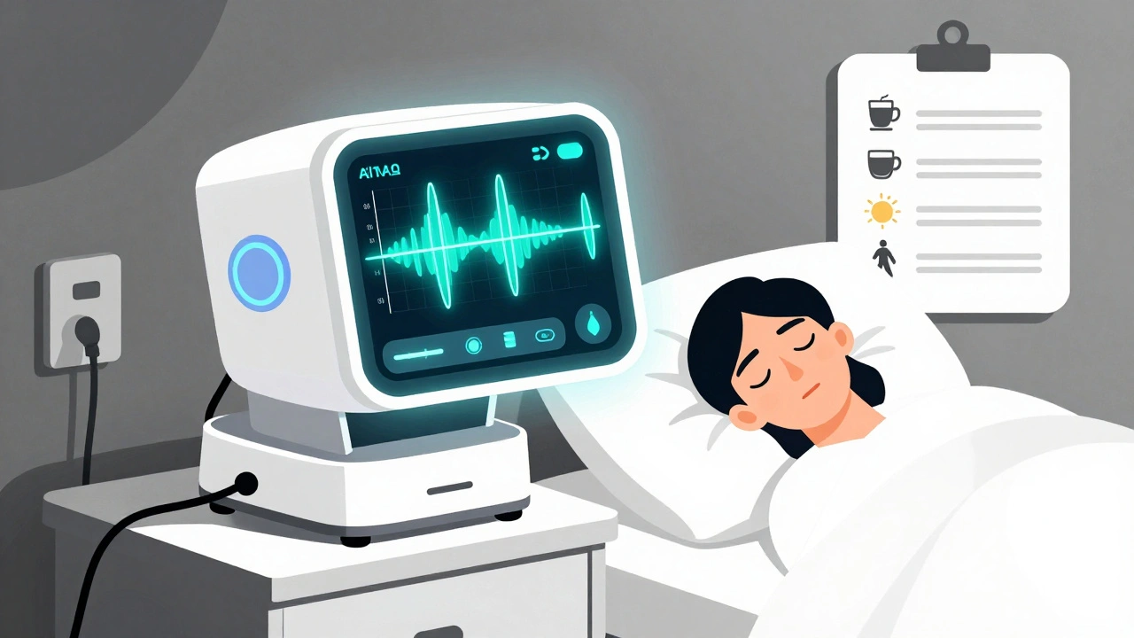 Appareil de thérapie lumineuse intelligente avec courbes de rythme circadien au-dessus d&#039;un lit.