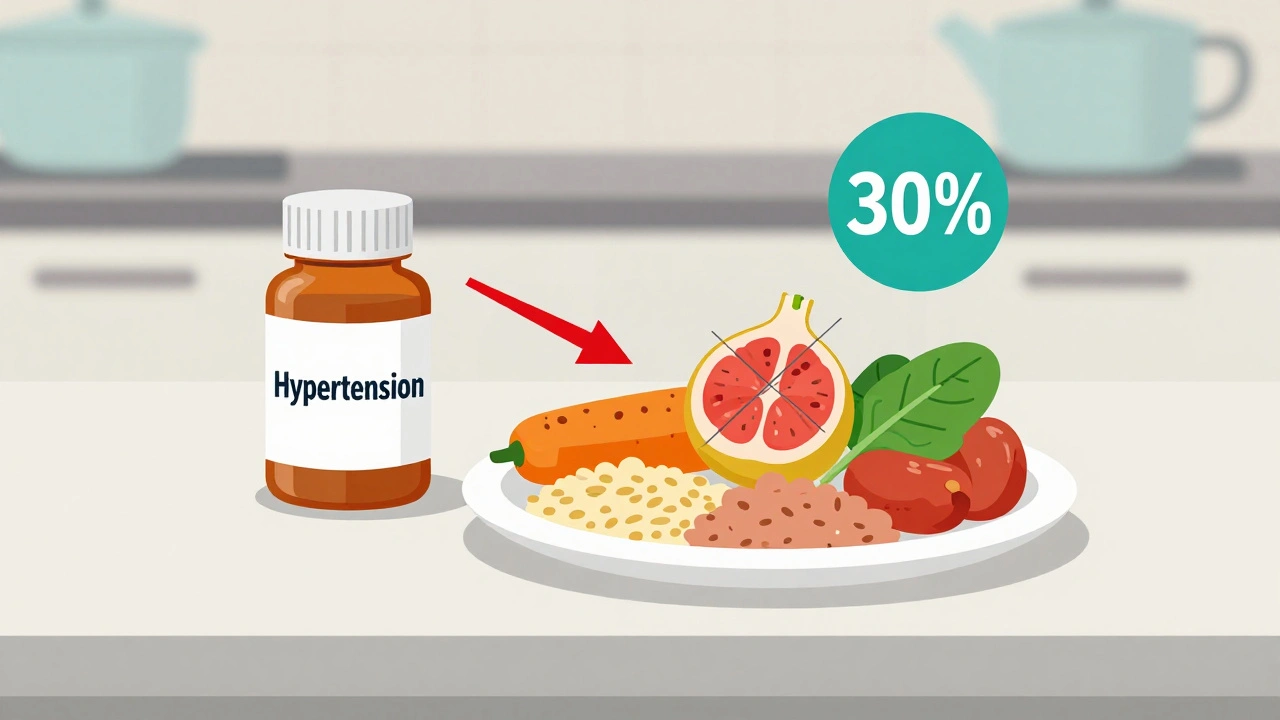 Assiette saine à côté d&#039;une pilule, avec des aliments interdits barrés, illustrant l&#039;impact alimentaire sur les médicaments.