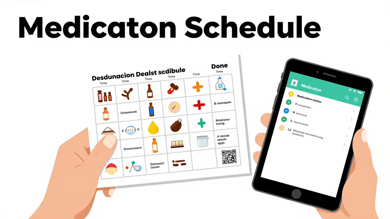 Calendrier visuel hebdomadaire pour la prise de médicaments avec icônes et code QR.