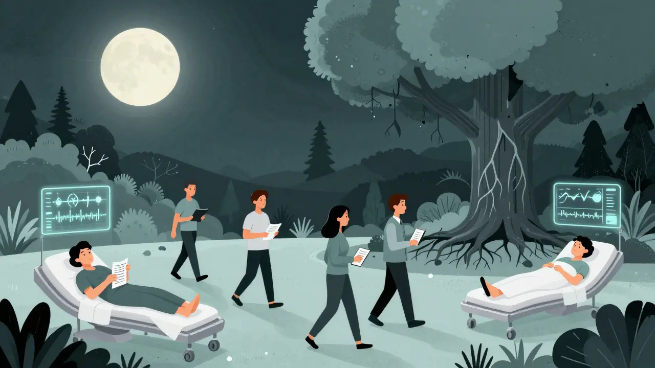 Clinique du sommeil moderne sans médicaments : des patients marchent dans un jardin paisible avec des journaux et des interfaces numériques.