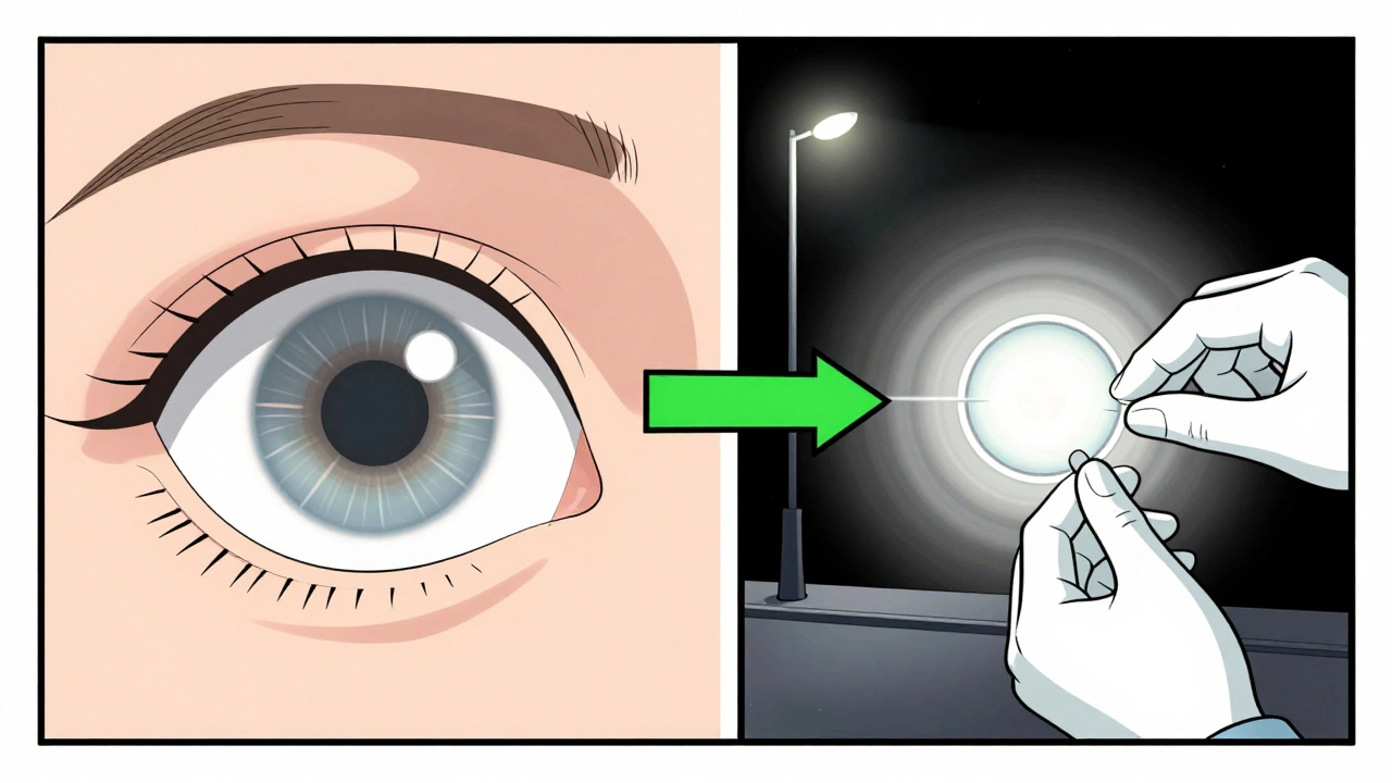 Comparaison d&#039;un œil sain et d&#039;un œil atteint de cataracte, avec une intervention chirurgicale en cours.