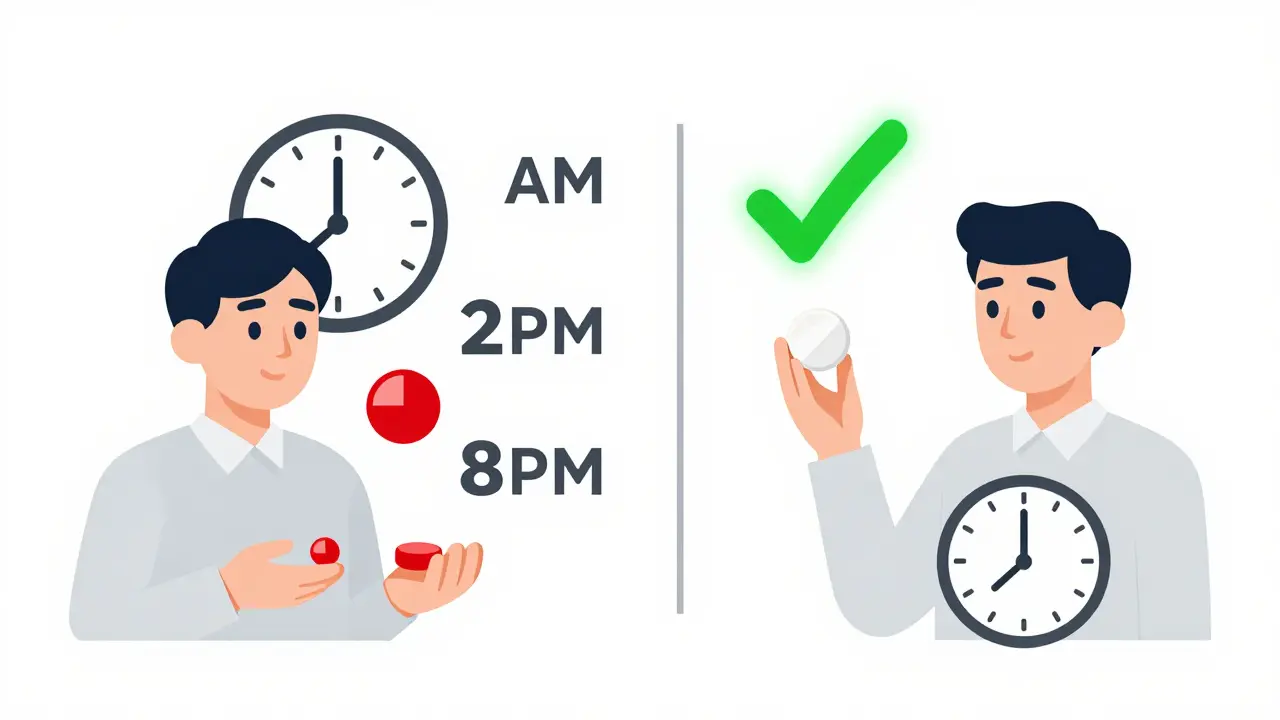 Comparaison entre prise quotidienne unique et trois prises par jour, avec un symbole de bénéfice clinique.
