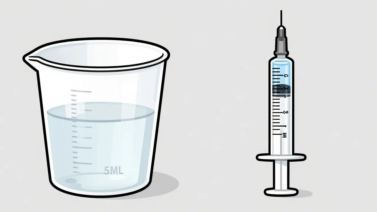 Comparaison entre une tasse de mesure imprécise et une seringue orale précise pour les médicaments liquides.