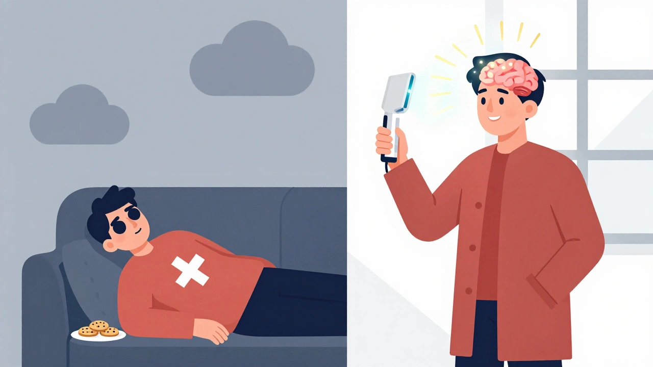 Comparaison visuelle d&#039;une personne fatiguée en hiver et plus énergique grâce à la lumière thérapeutique.