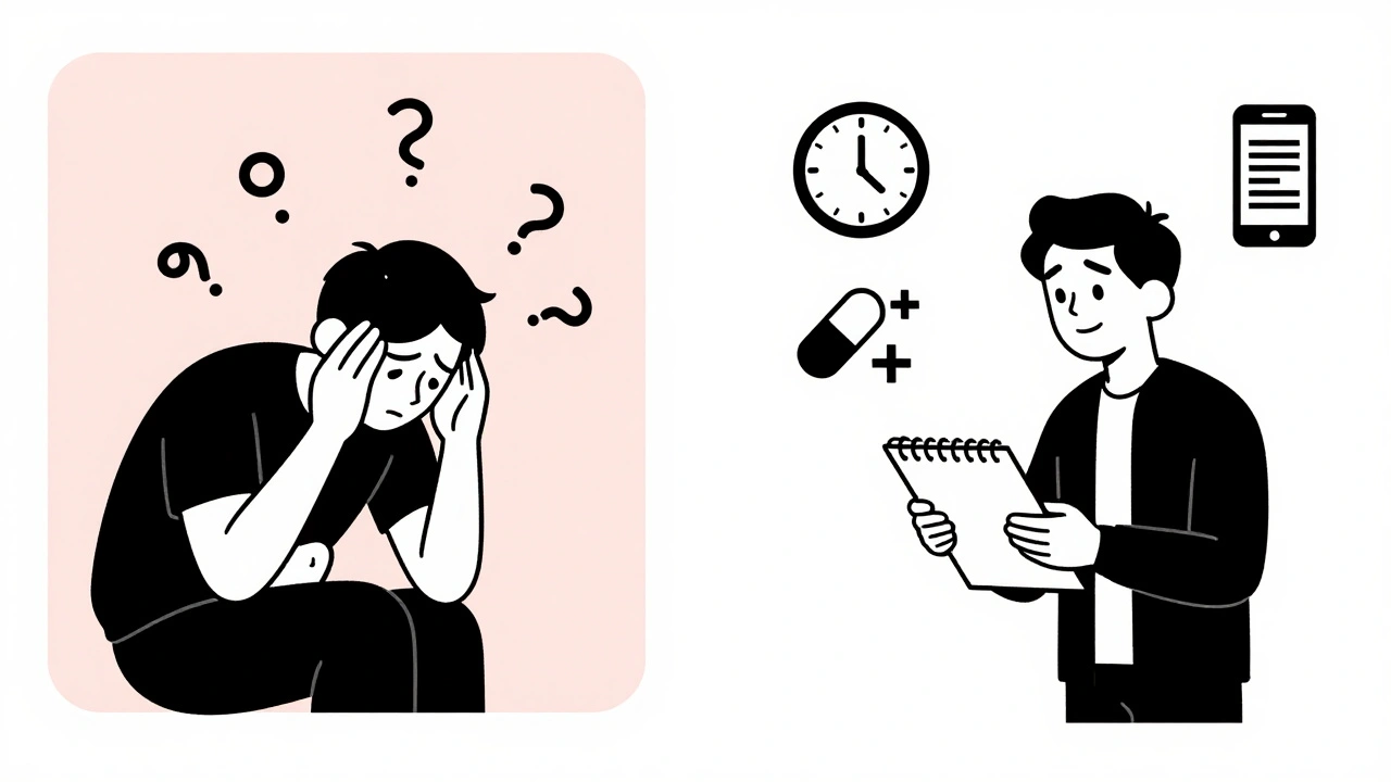 Comparaison visuelle entre la détresse et la solution grâce à la communication avec un pharmacien.