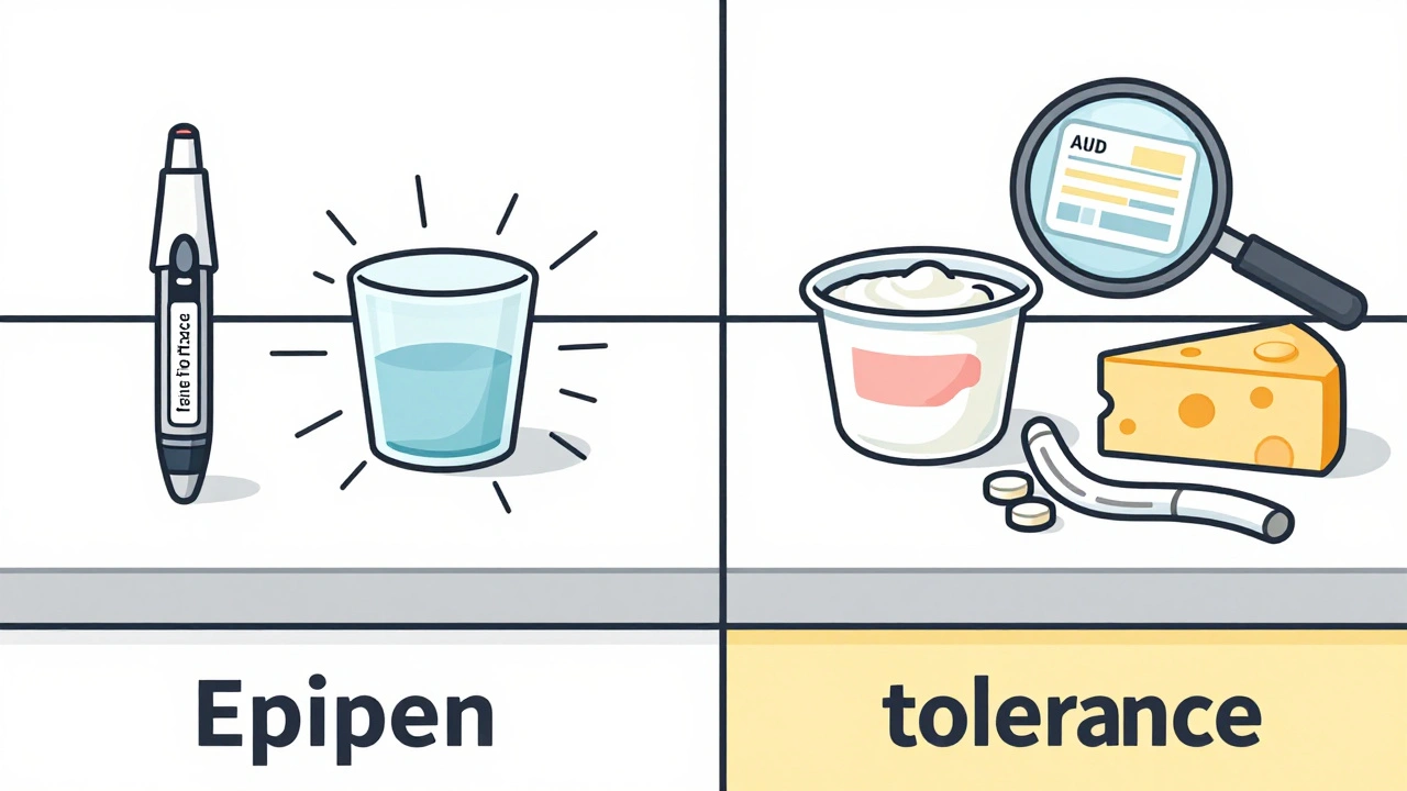 Cuisine contrastée : éviction stricte d&#039;un côté, tolérance contrôlée de l&#039;autre avec aliments et compléments.