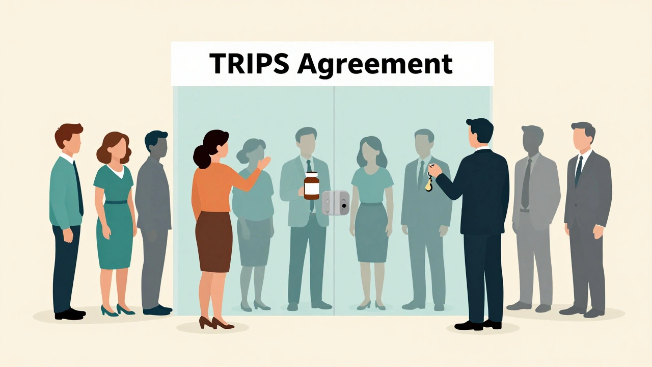 Des patients derrière un mur verrouillé par des figures corporatives, empêchés d&#039;accéder aux médicaments.