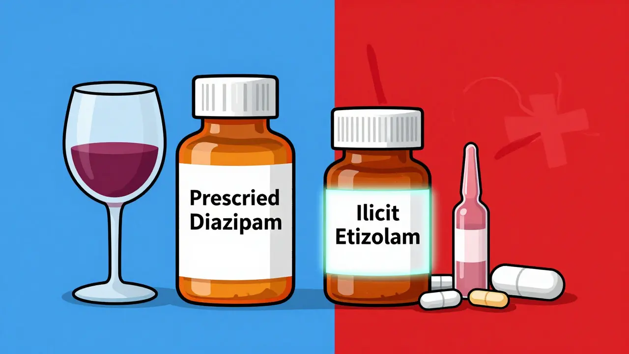 Deux bouteilles de pilules et des substances dangereuses juxtaposées, illustrant les risques des mélanges de médicaments.