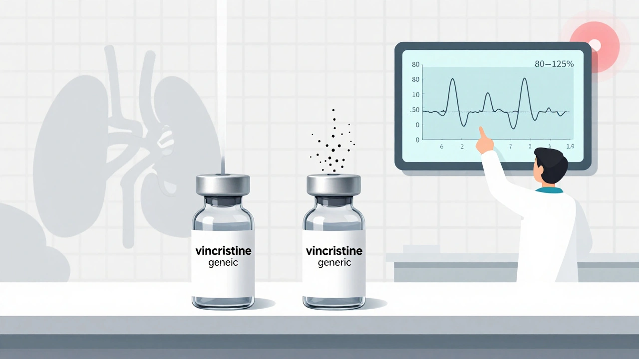 Deux flacons de vincristine générique comparés par un pharmacien, avec des courbes pharmacocinétiques affichées.