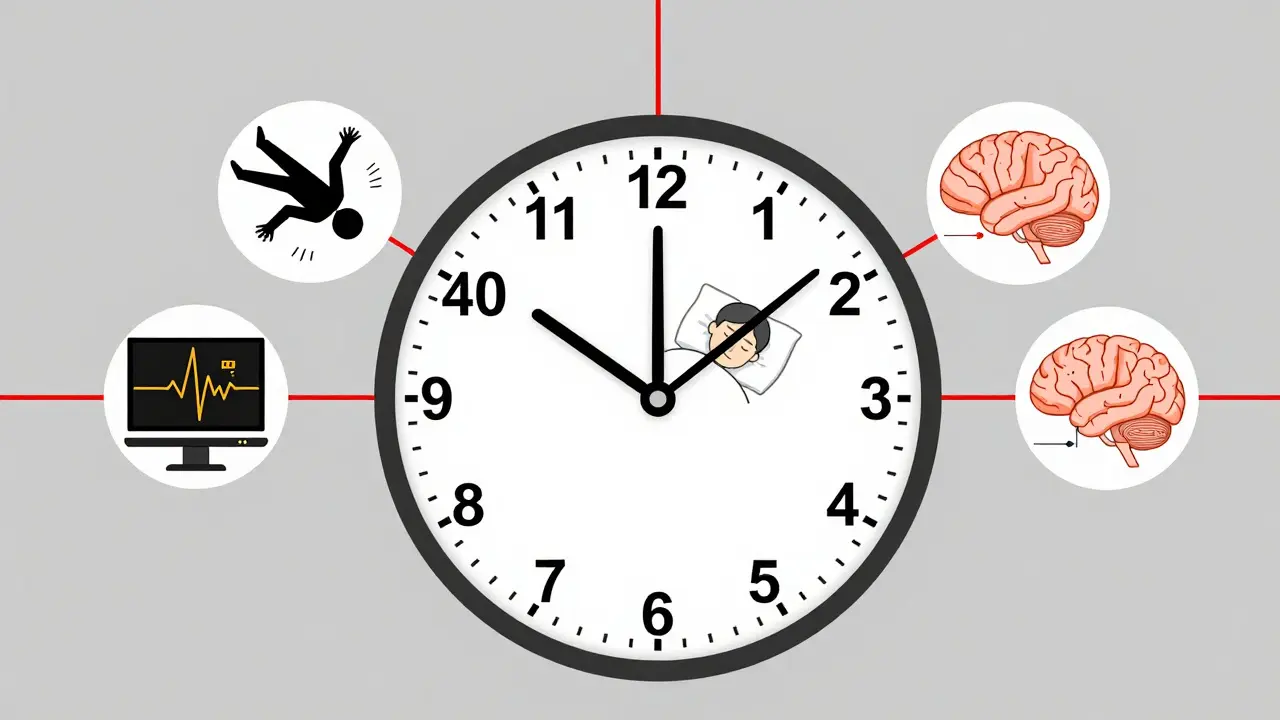 Horloge avec des intervalles de temps et des symboles médicaux représentant la surveillance prolongée après une surdose.