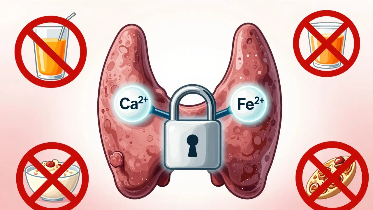 Interaction chimique entre les ions calcium/fer et la lévothyroxine, bloquant son absorption, illustrée de manière schématique.