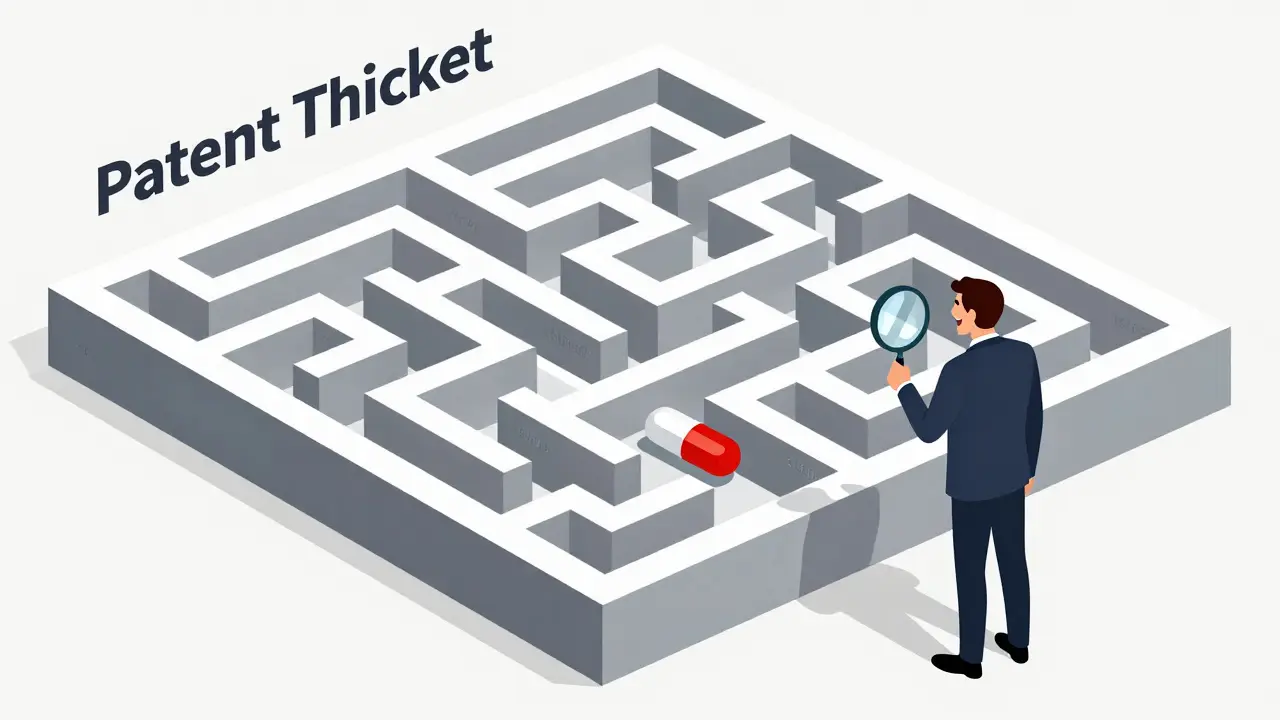Labyrinthe de brevets entourant un médicament, un développeur tente de s'en sortir sous l'œil d'une entreprise.