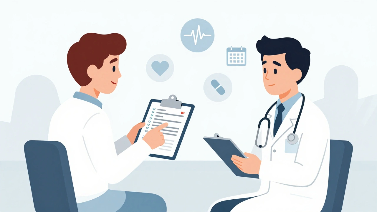 Médecin et patient en consultation, le patient montre un journal détaillé de ses symptômes.