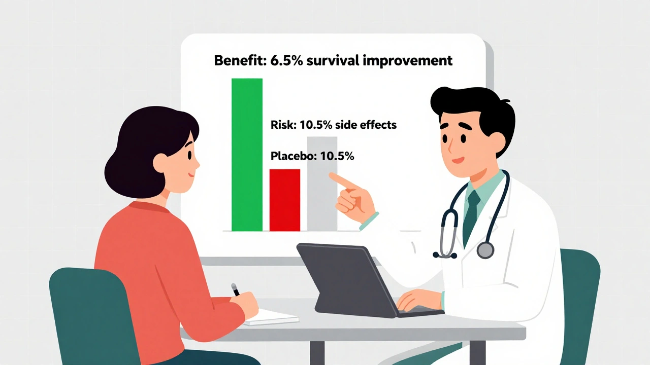 Médecin et patient regardent un résumé visuel simple sur une tablette avec des barres de bénéfice et risque.