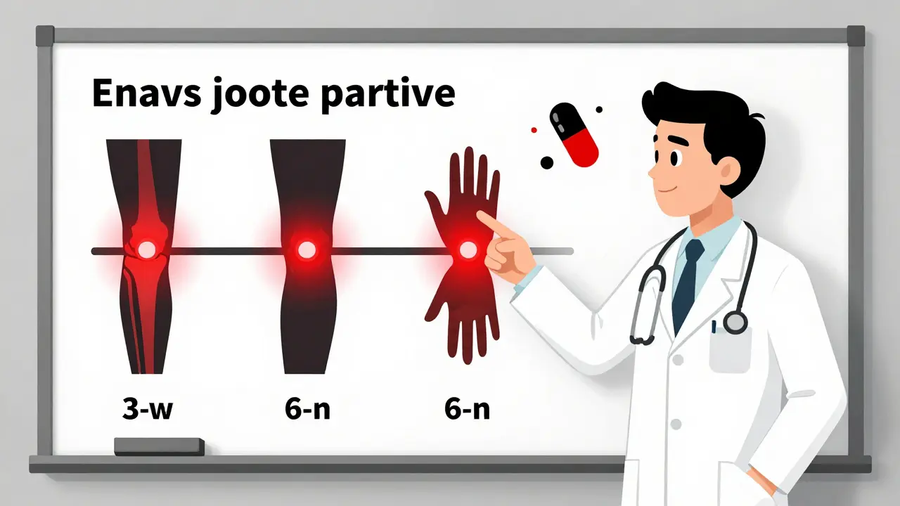 Médecin expliquant le lien entre un médicament et la douleur articulaire sur un tableau blanc.