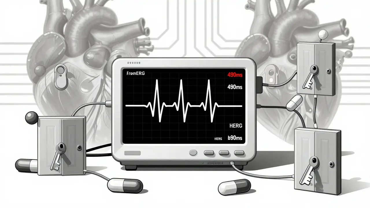 Moniteur ECG affichant une augmentation dangereuse du QT, entouré de canaux ioniques bloqués par des médicaments.
