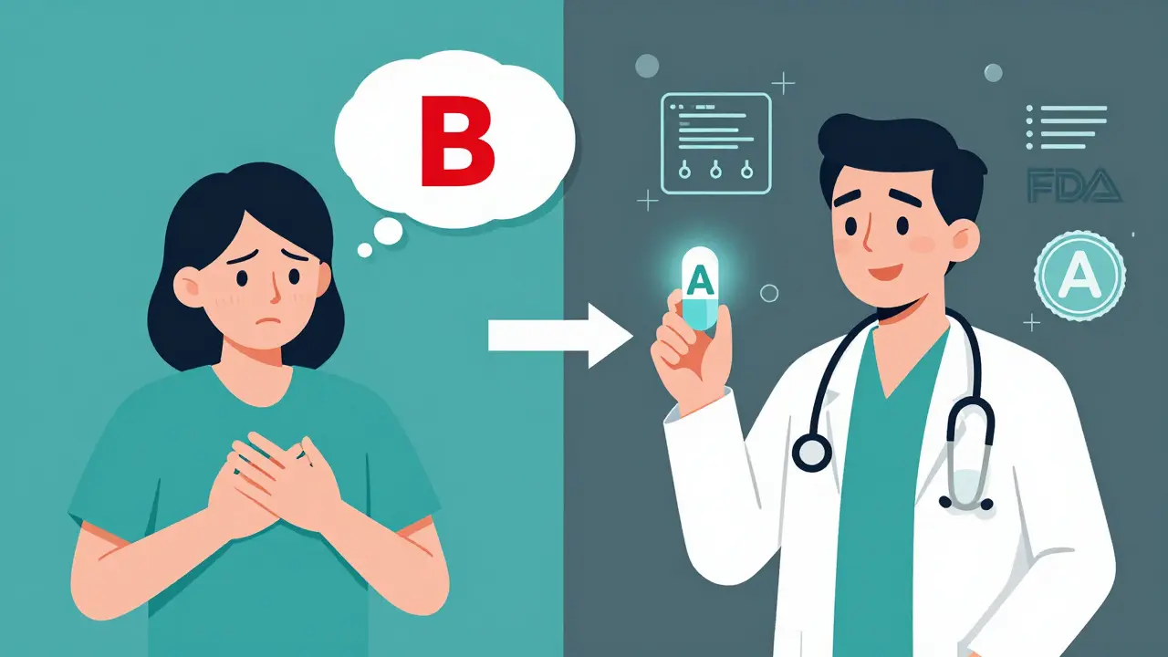 Patient avant et après : d'un côté l'inquiétude avec un code 'B', de l'autre la sérénité avec un code 'A' approuvé.