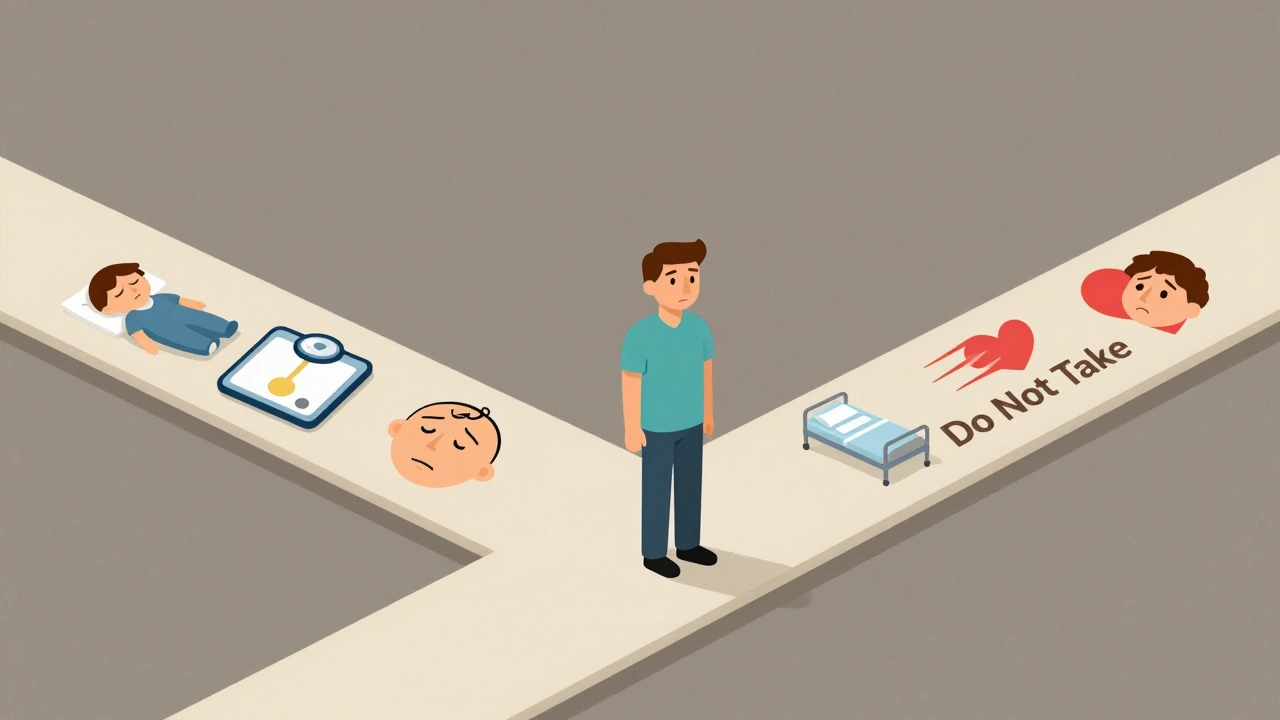 Patient face à deux chemins : prendre ou non le médicament, illustré par des icônes minimalistes.