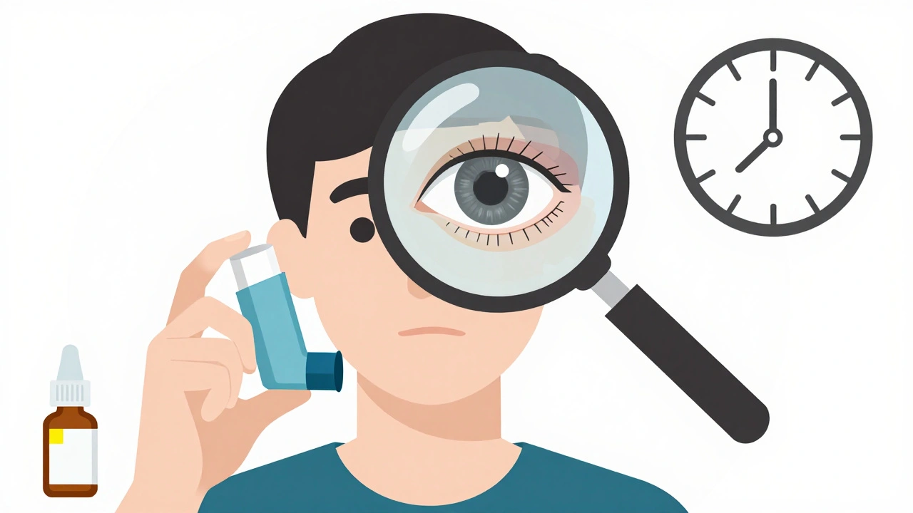 Patient tenant un inhalateur et des gouttes oculaires, avec une loupe révélant une cataracte stéroïdienne.