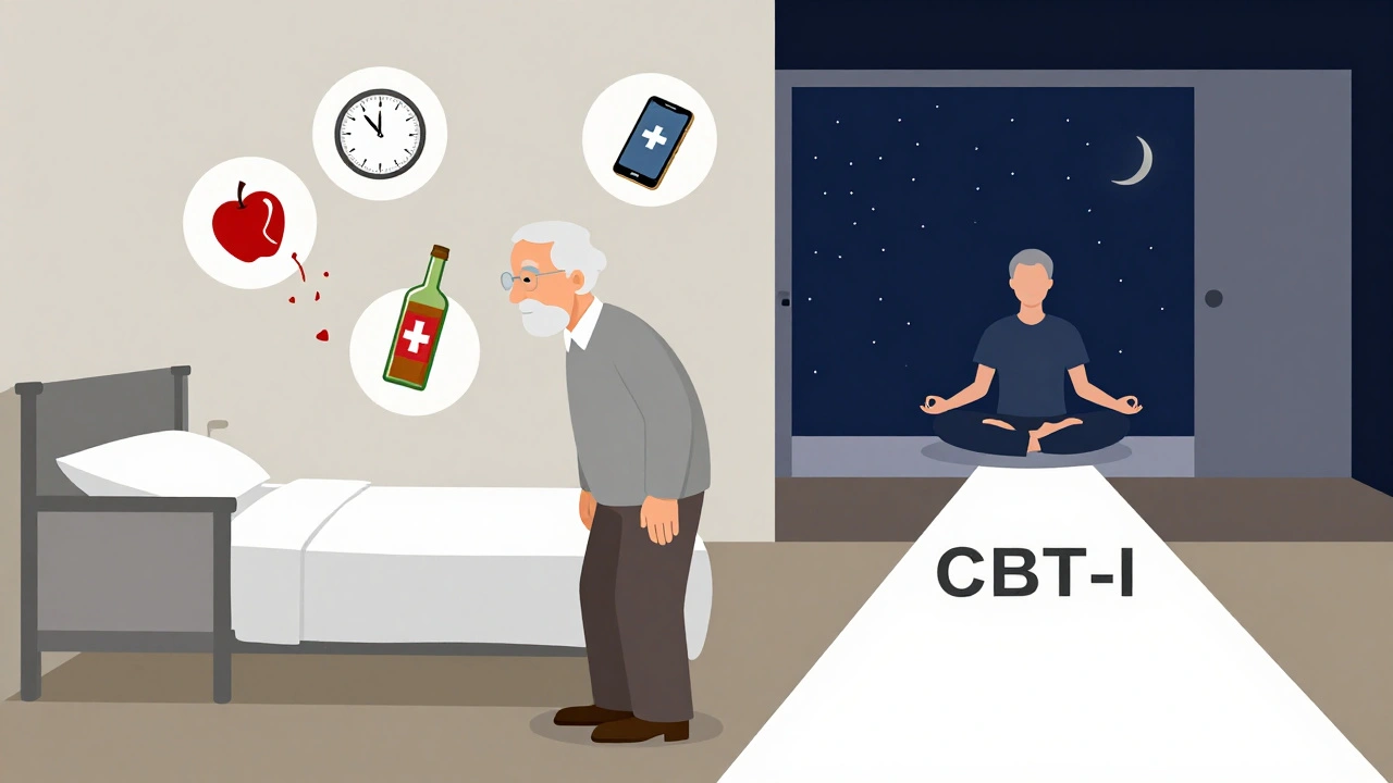 Personne âgée en équilibre précaire entourée de symboles de risques, tandis qu&#039;un chemin lumineux mène à la relaxation sans médicament.