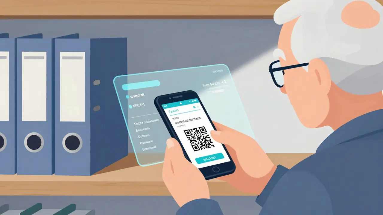 Personne âgée numérisant une étiquette de médicament avec un téléphone, un classeur à côté.