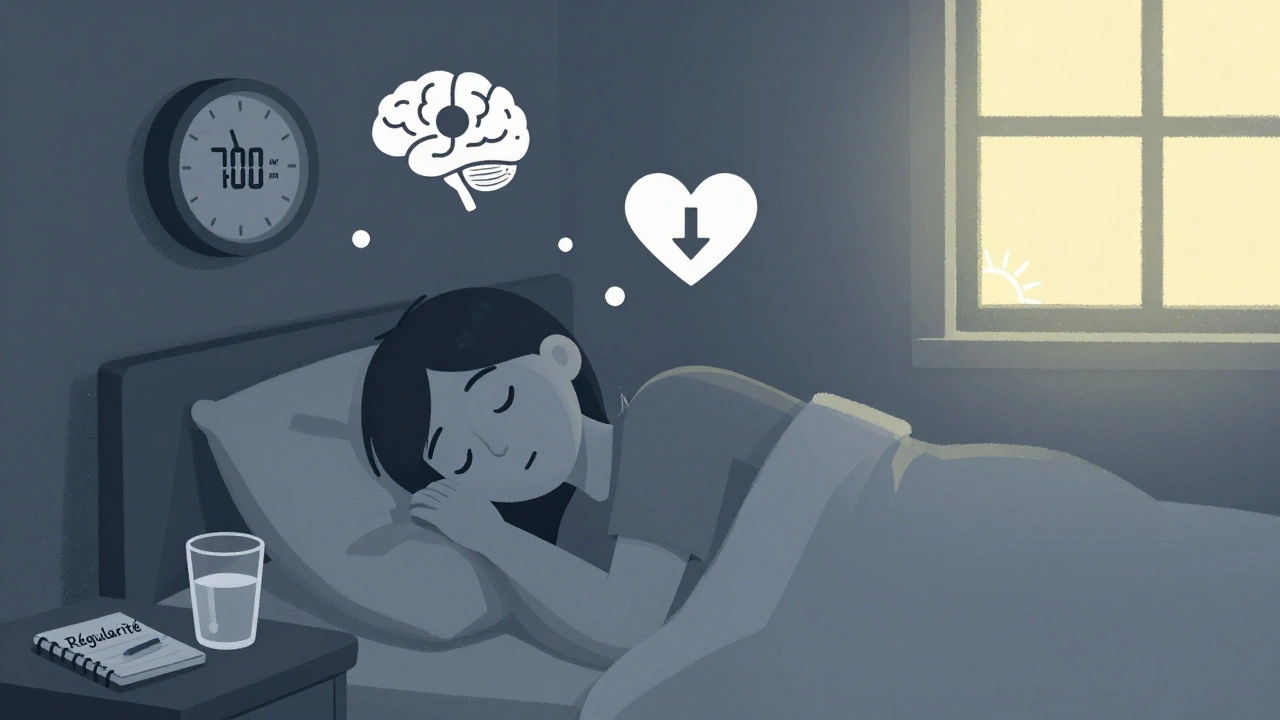 Personne endormie dans une chambre calme, entourée d&#039;icônes symbolisant le sommeil comme traitement médical.