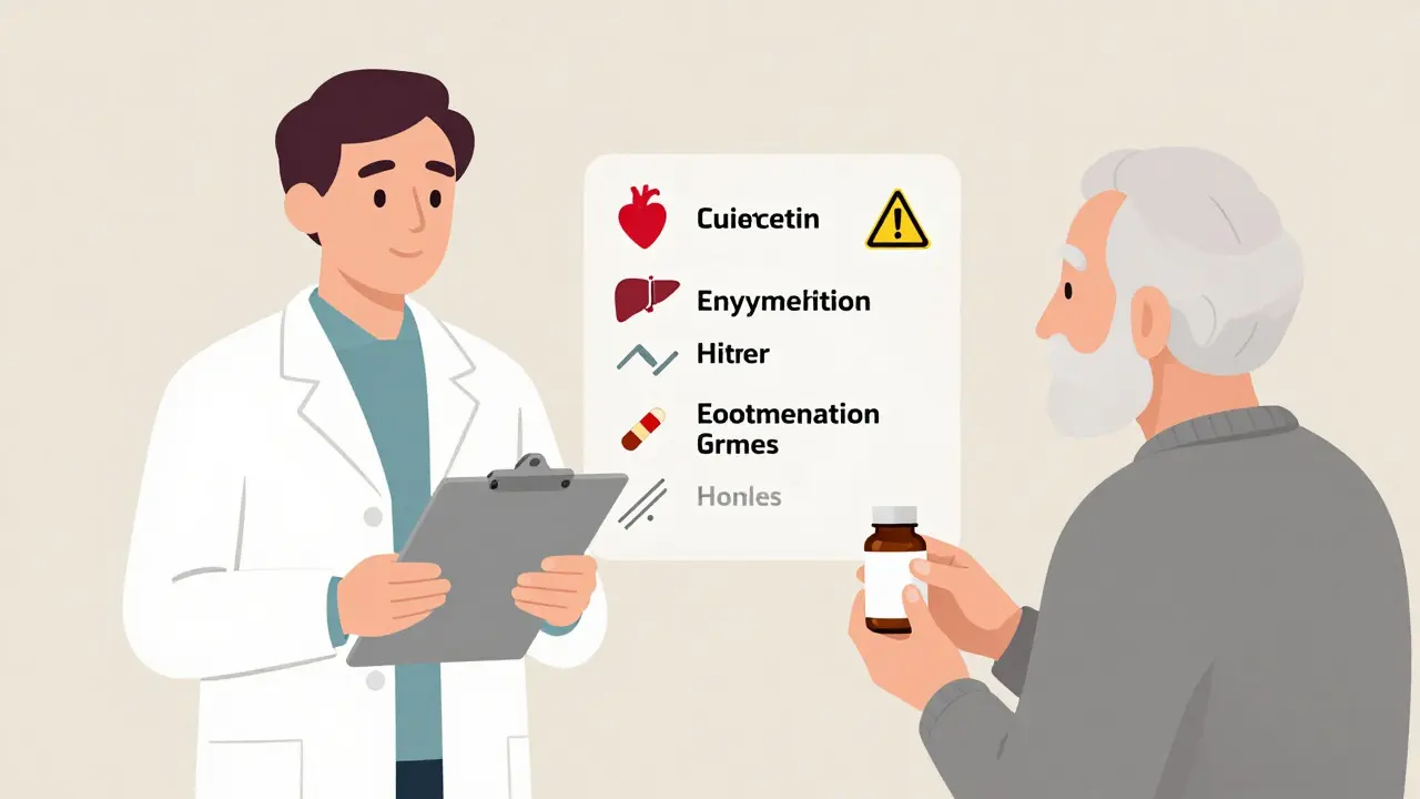 Pharmacien conseillant un patient âgé, avec superposition transparente des interactions médicamenteuses.