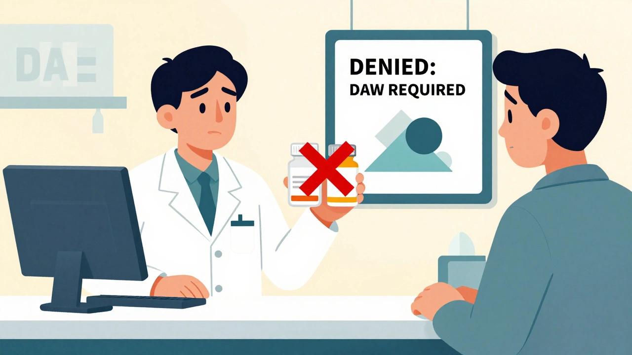 Pharmacien refuse un générique malgré un refus d&#039;assurance, patient confus devant un écran.