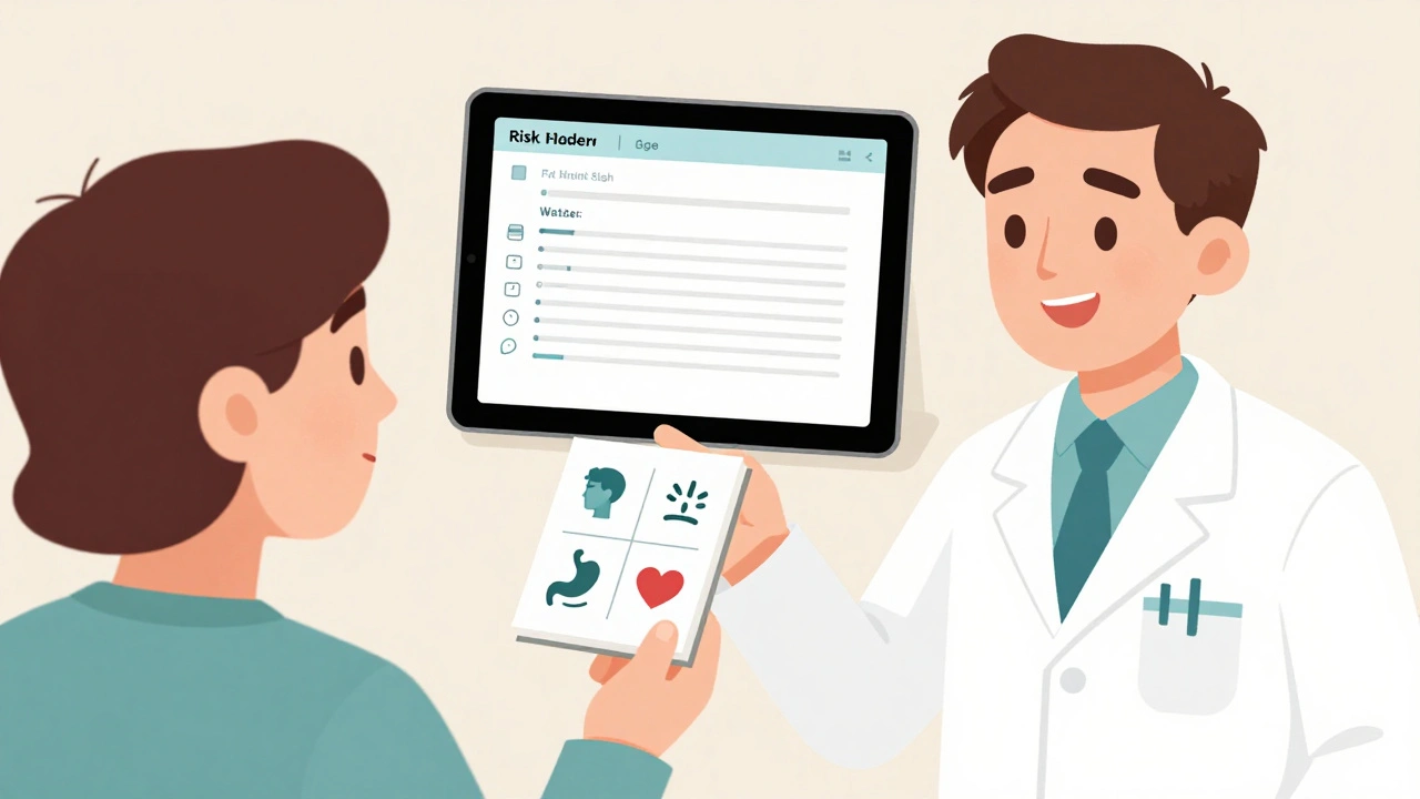Pharmacien remet un guide visuel simplifié pour comprendre les effets secondaires.