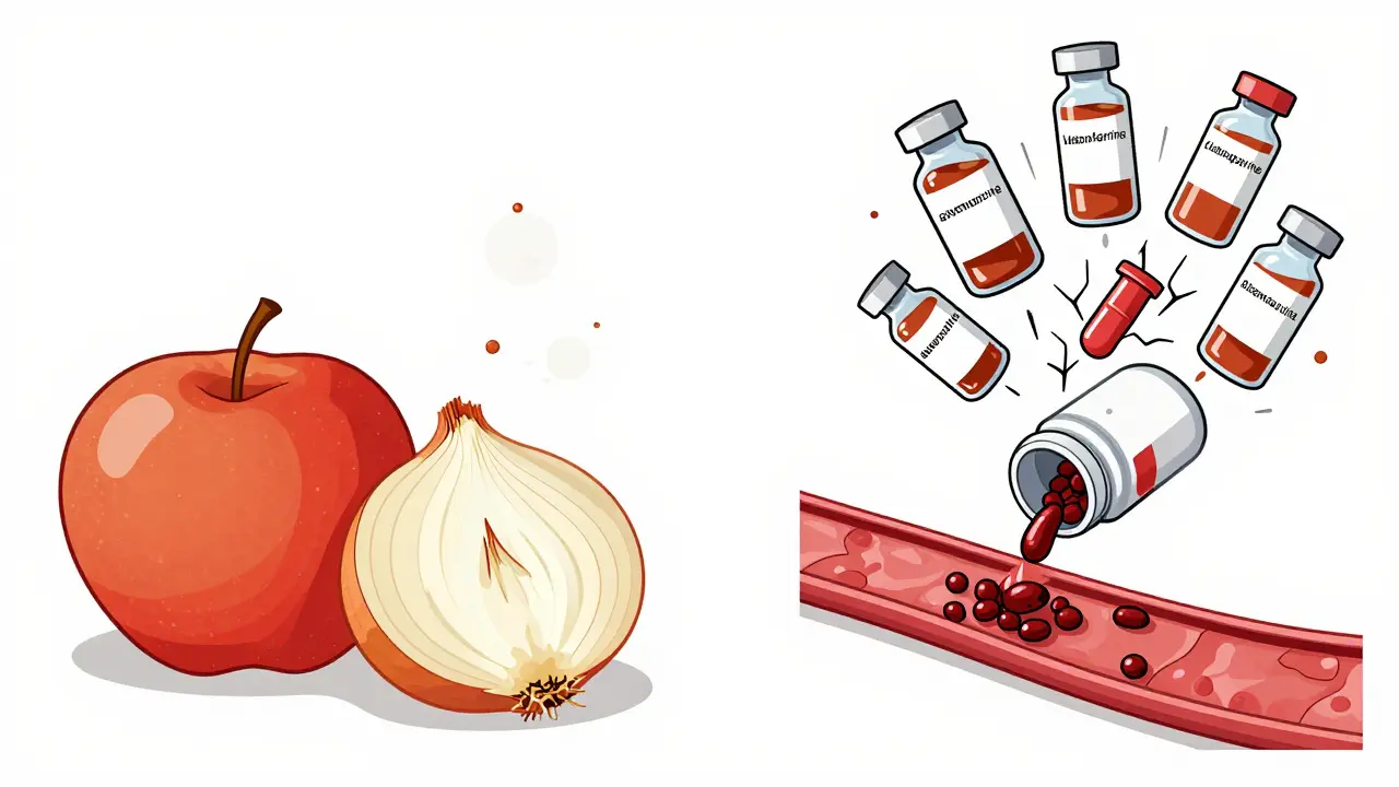 Pomme et oignon vs pilule de quercétine : comparaison visuelle de l'absorption naturelle et des suppléments à haute dose.