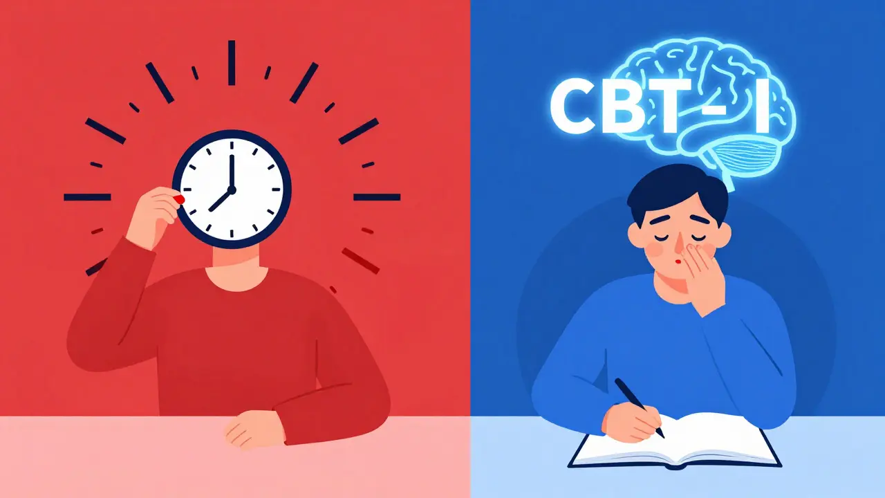 Scène divisée : d'un côté, une personne prend un somnifère ; de l'autre, elle pratique la CBT-I en respirant et écrivant.