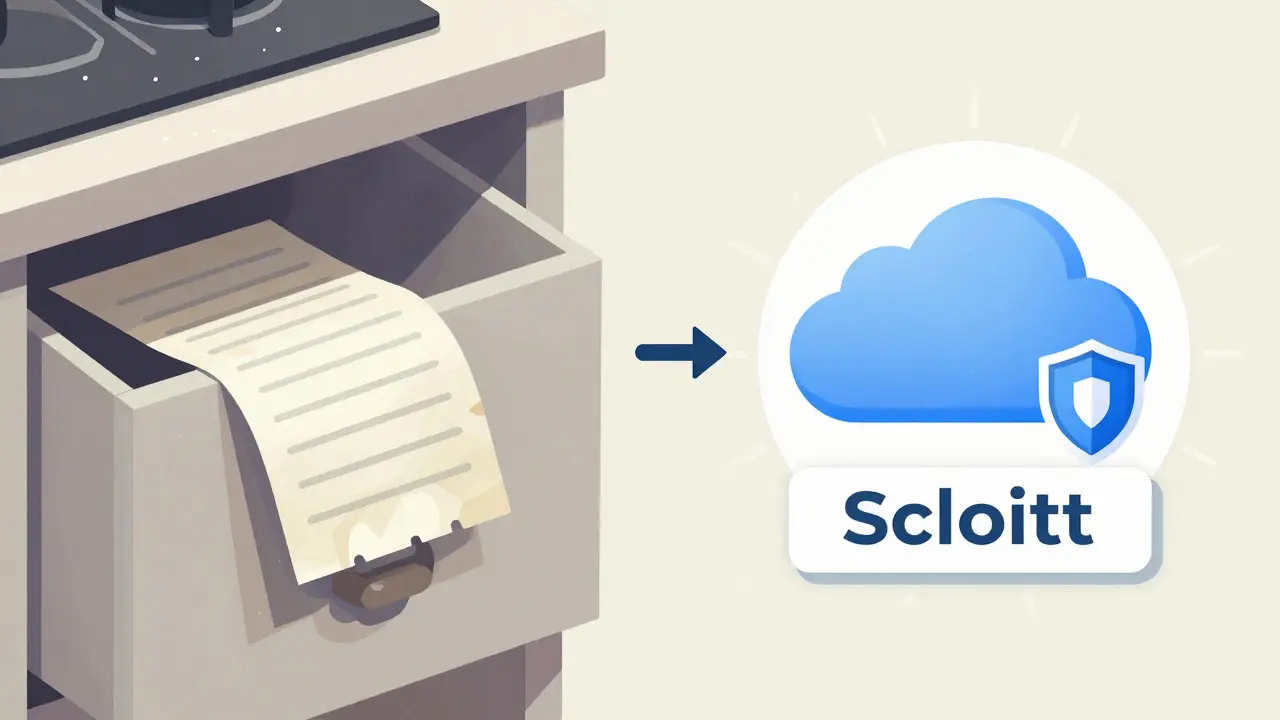 Scène divisée : étiquette endommagée à gauche, version numérique sécurisée à droite.
