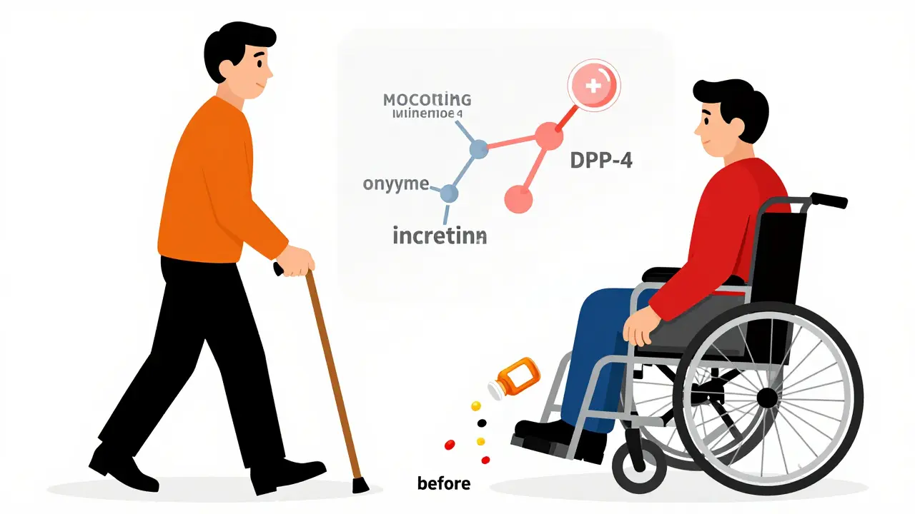 Scène divisée montrant un patient passant de la marche à la chaise roulante après un médicament.