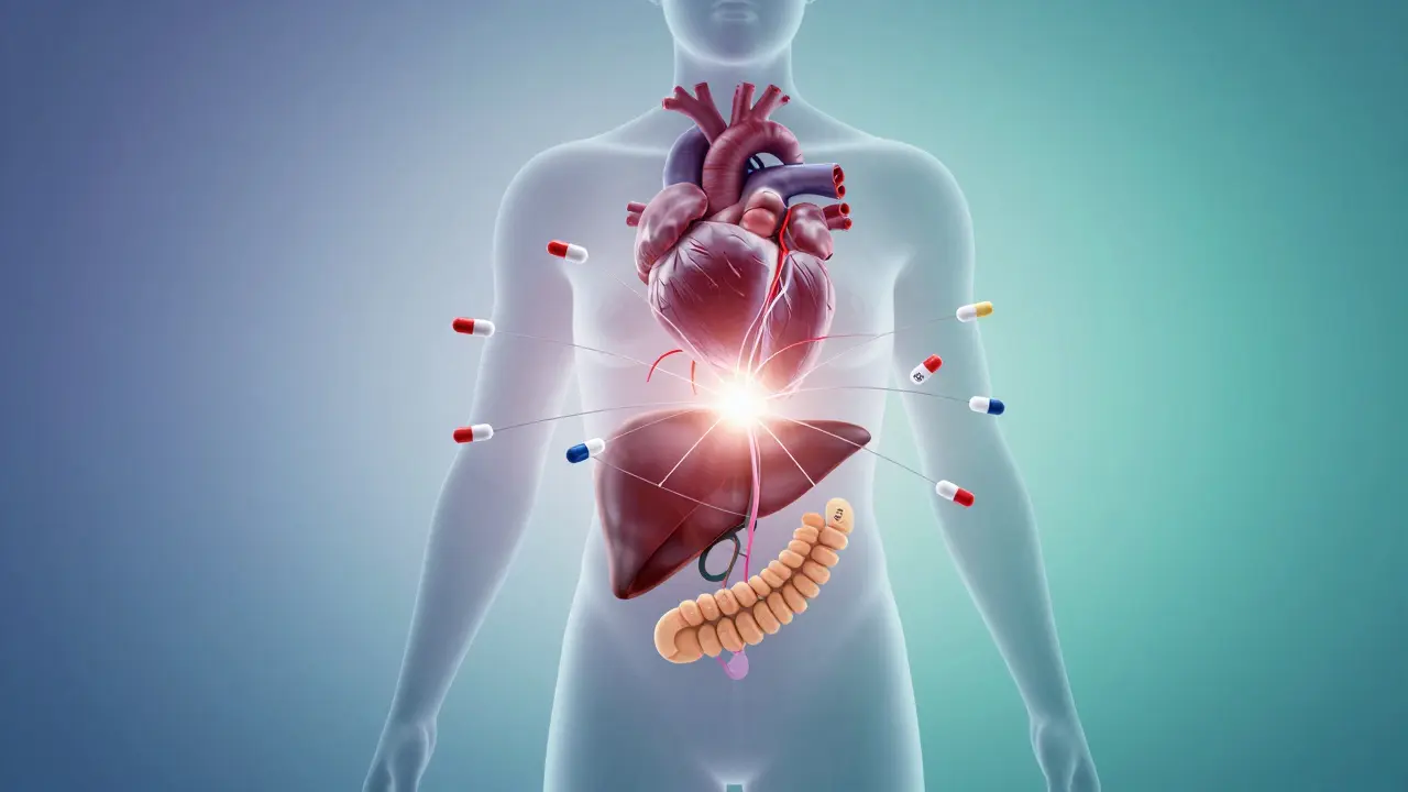 Schéma du corps humain montrant l'interaction synergique de trois médicaments à doses réduites.