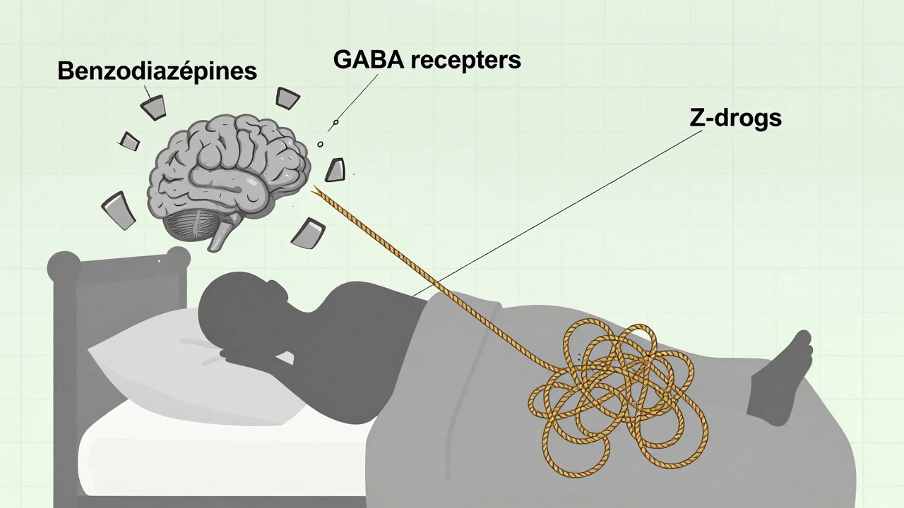 Silhouette humaine endormie avec des fragments de cerveau connectés par des cordes distinctes pour les deux types de somnifères.