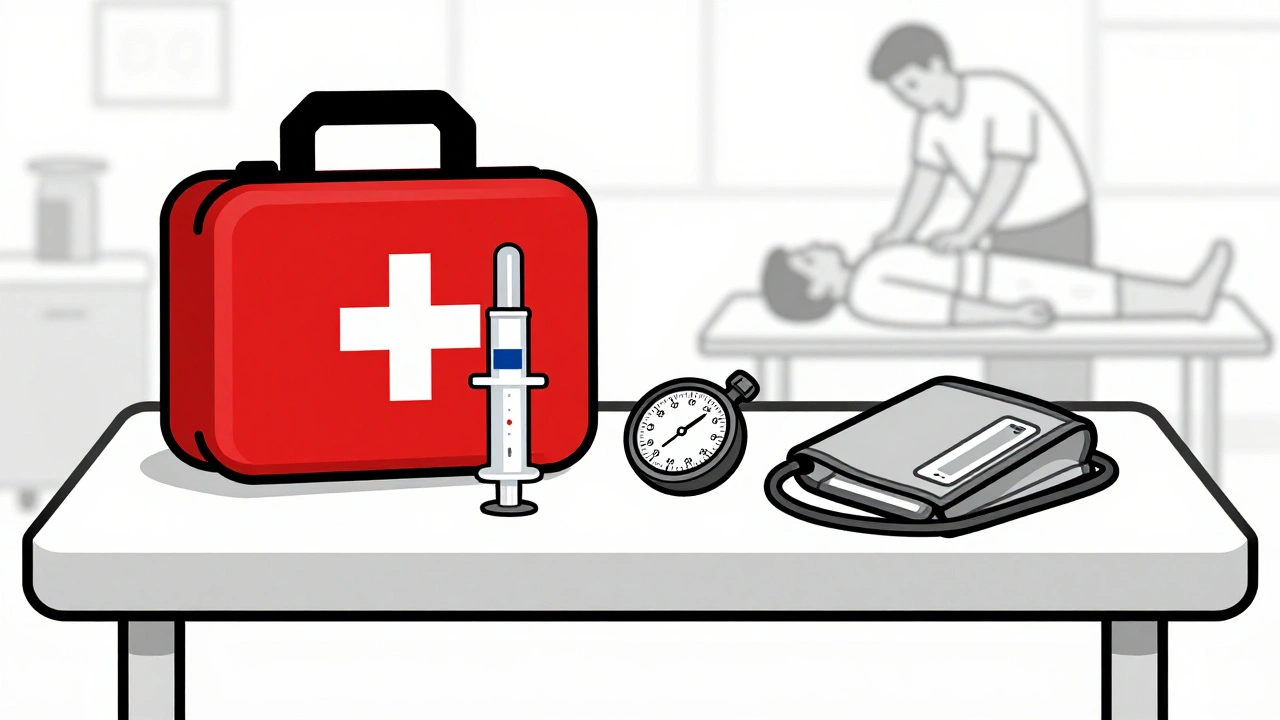 Trousse d&#039;urgence médicale avec auto-injecteur d&#039;épinéphrine, chronomètre et tensiomètre.