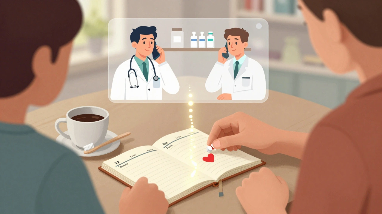 Un patient prend ses médicaments en routine matinale, guidé par un chemin visuel vers la santé.