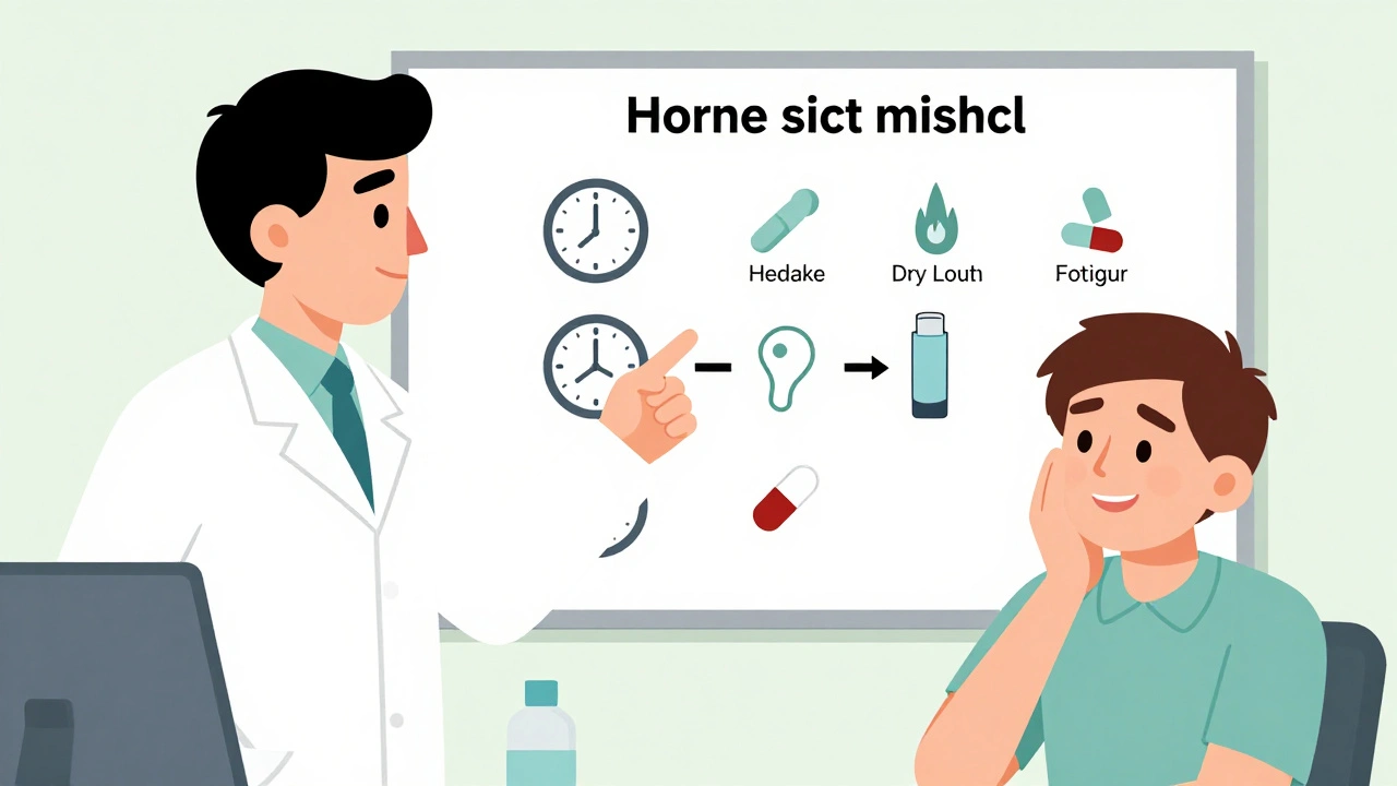 Un pharmacien explique des solutions aux effets secondaires via un tableau clair et minimaliste.