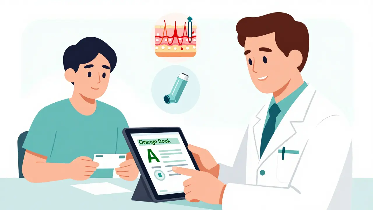 Un pharmacien vérifie un code 'A' dans le livre Orange, tandis qu'un patient reçoit une ordonnance générique avec confiance.