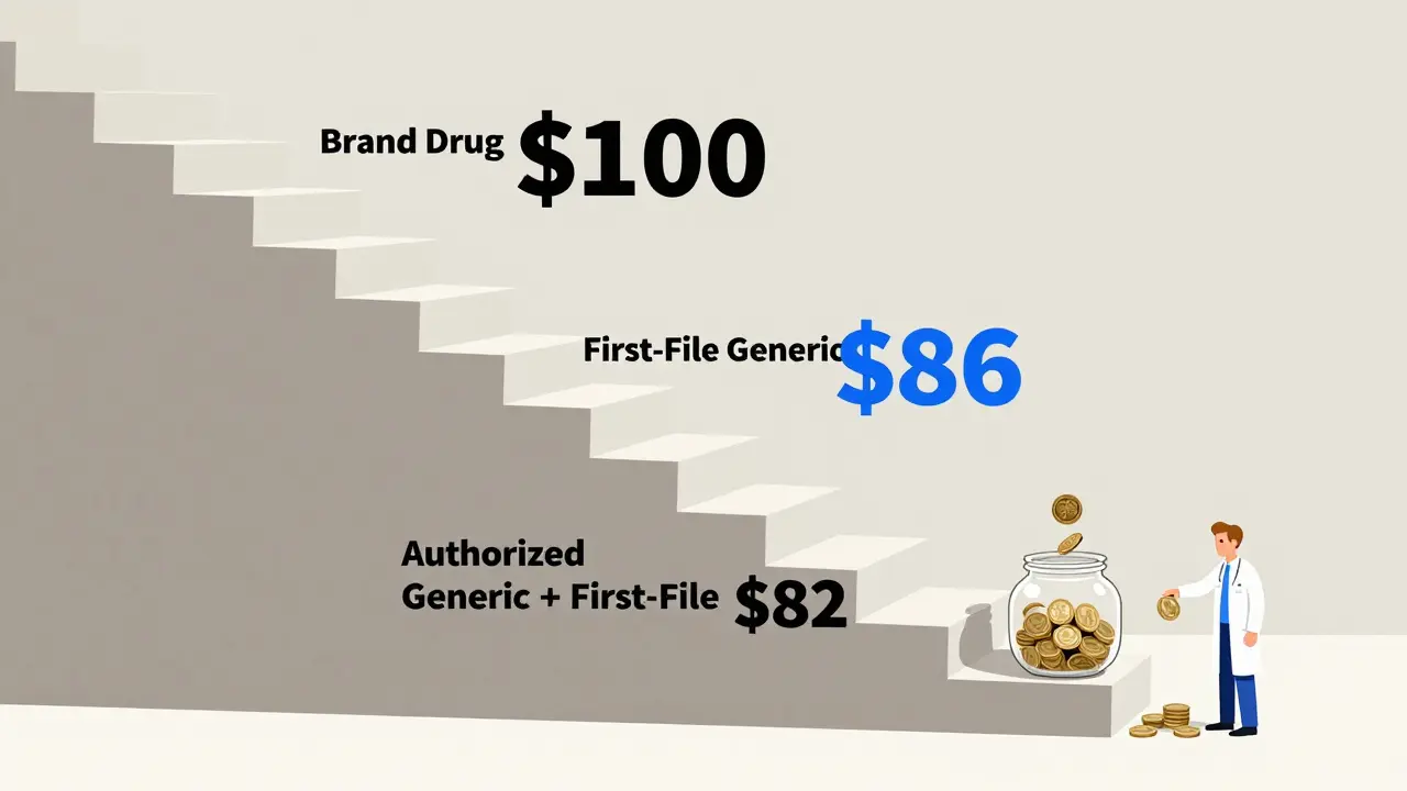 Une escalier descendante montrant la baisse des prix des médicaments avec l'ajout de génériques.