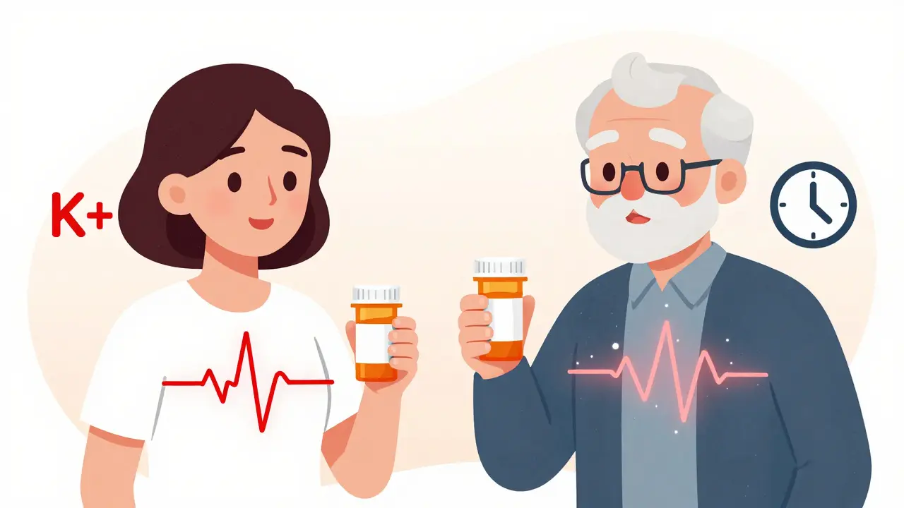 Une femme et un homme âgé tenant des ordonnances, avec des signes électriques indiquant un risque d'arythmie.