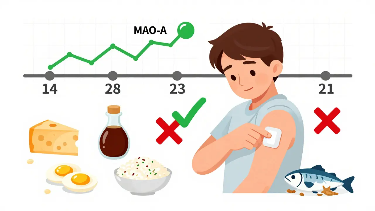 Une personne avec un patch Emsam entourée de symboles verts pour les aliments sûrs et rouges pour les aliments à éviter.